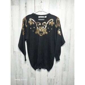 Vintage Donna Scott Gold Studded Sequins Sweater Large Black Shoulder Pads